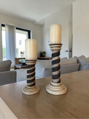 Decorative Cream and Brown Colosseum column Candlestick Holders - Set of 2